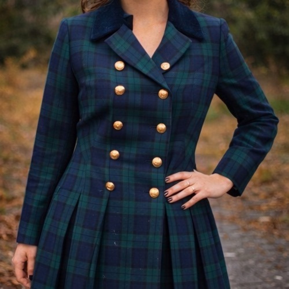 Cynthia Howie 6P Black Watch Tartan Plaid Velvet Collar Gold Button Dress 90s